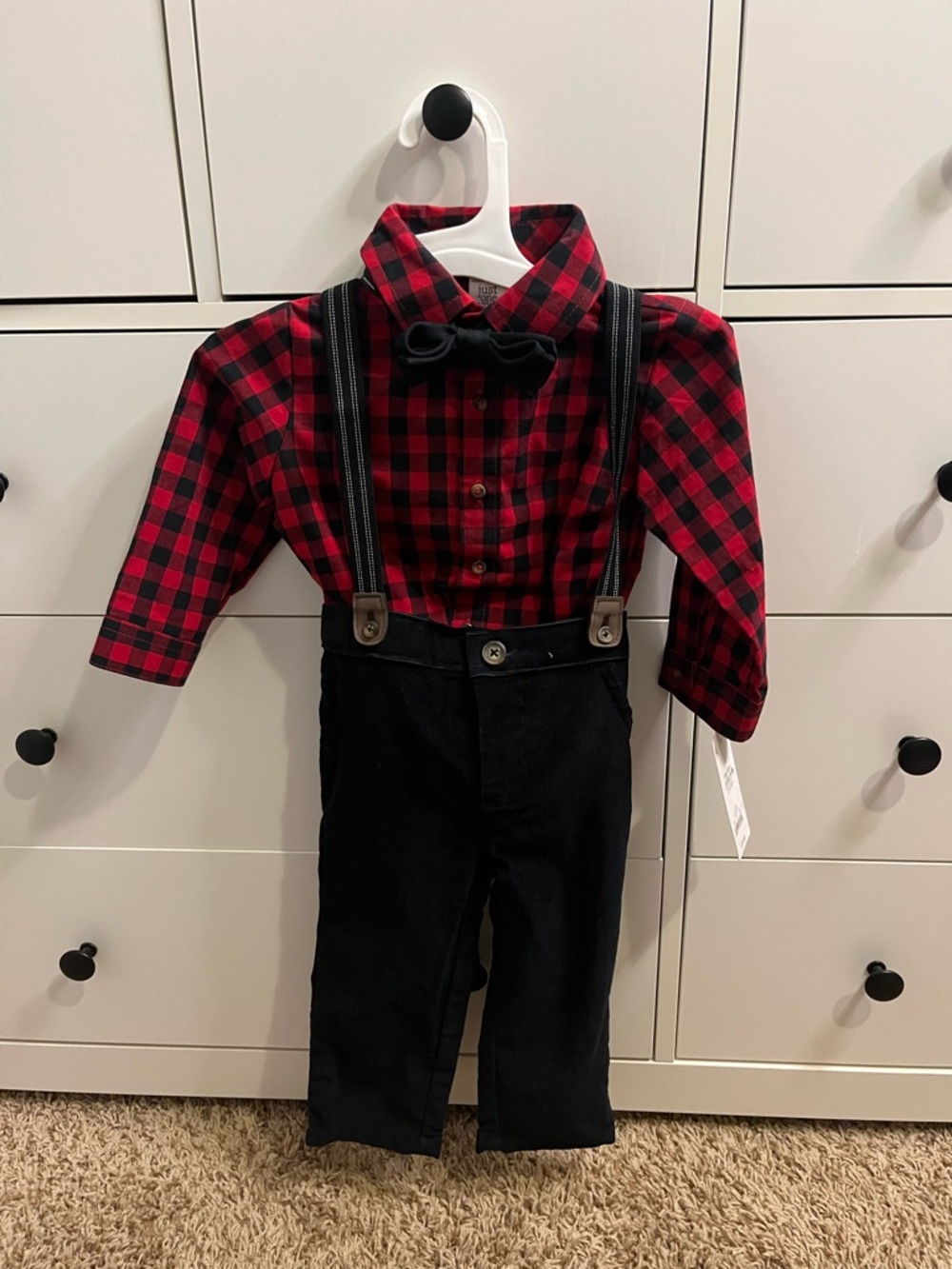 Carter's Red & Black Plaid Shirt with Black Suspender Pants and Bow Tie 12 m